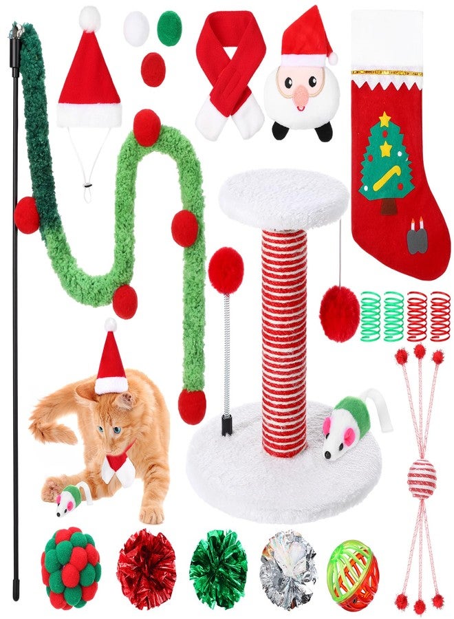 Vertintong 28 Pack Christmas Cat Toys Set Kitten Scratching Post Interactive Cats Spring Ball Toy Santa Hat Scarf Mouse Xmas Stocking Bag Gift for Cat Lovers Indoor Kittens Photo Props - Image 1